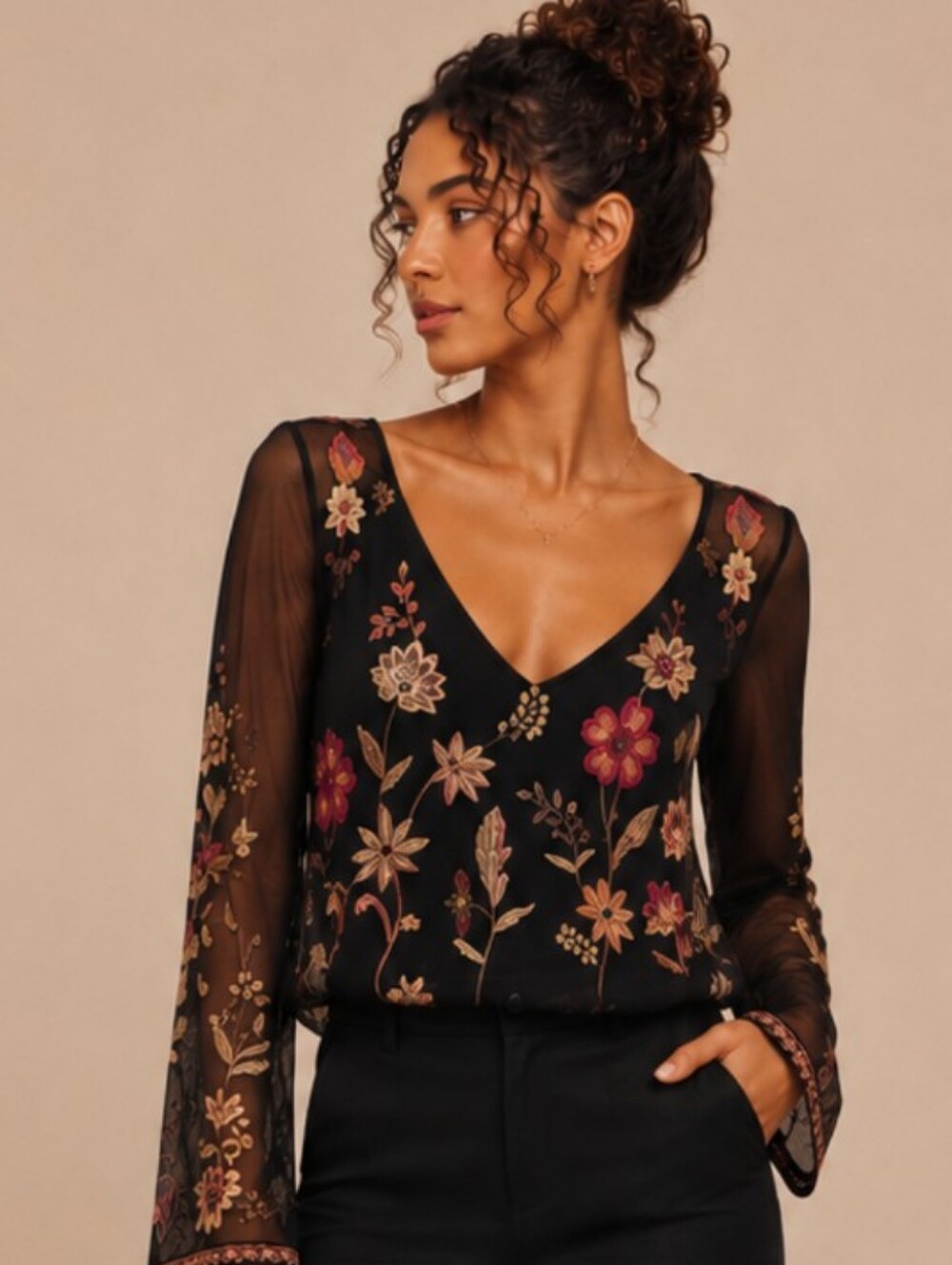 Free People Embroidered Sheer Mesh Top Medium EUC